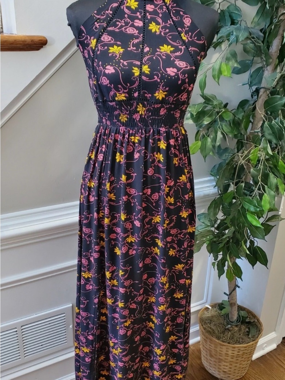 Halter Maxi Dress in Black with Pink & Yellow Floral Print by Poof Newyork Small